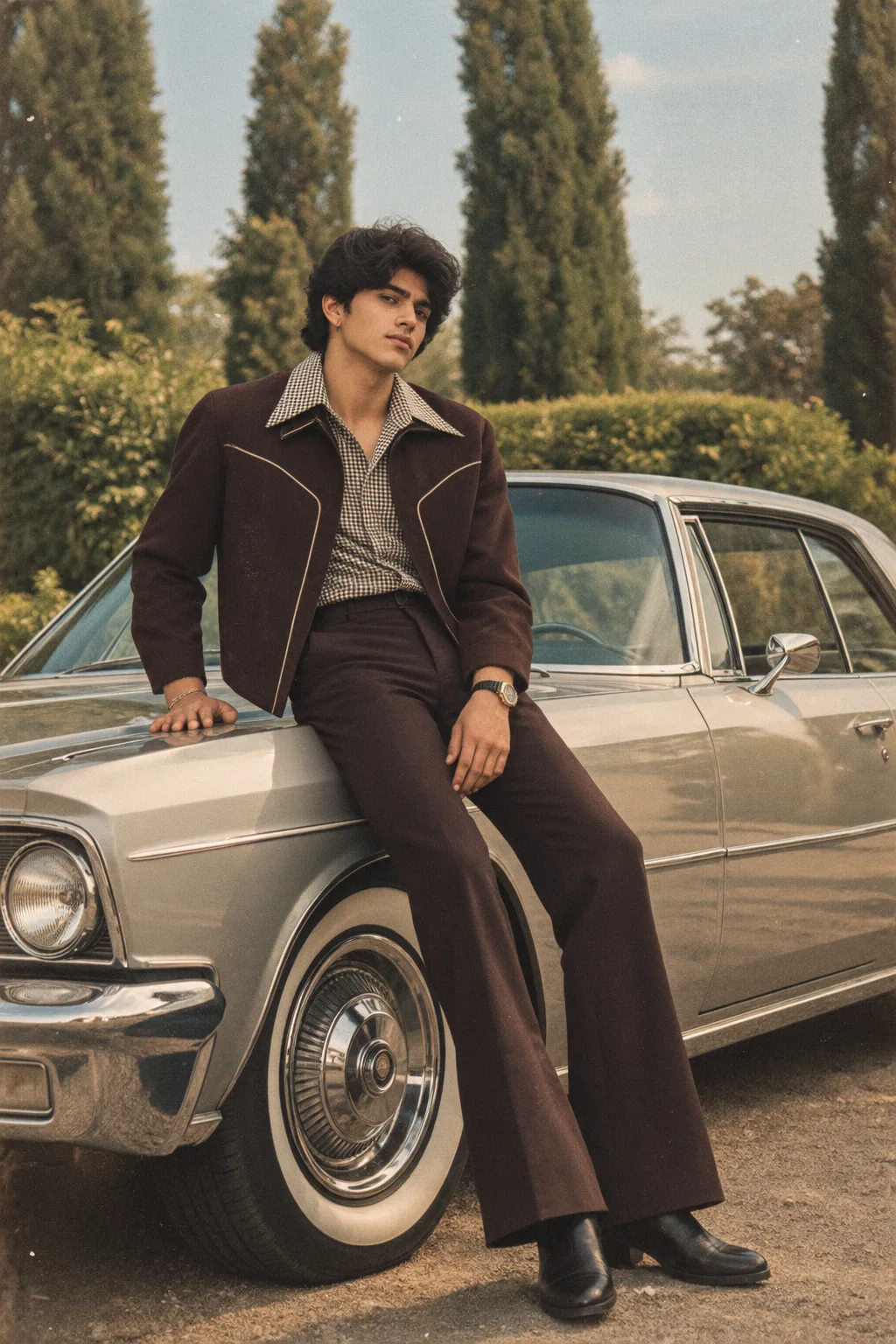 Create an ultra-realistic cinematic vintage fashion portrait of a young male casually sitting on the side of a classic luxury automobile,