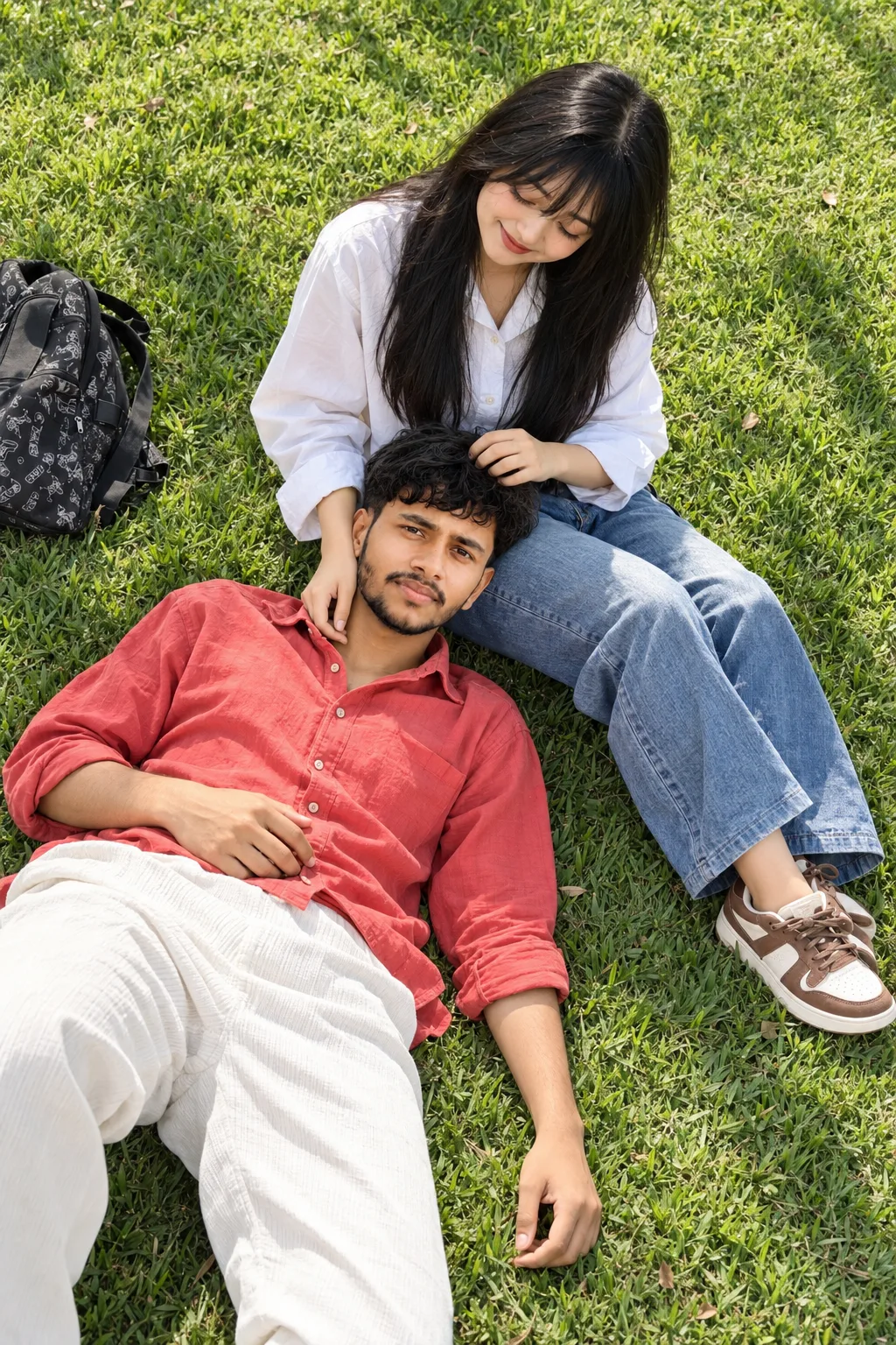 Ultra-realistic professional DSLR photograph of a young couple relaxing together on a lush, freshly cut green lawn in bright natural