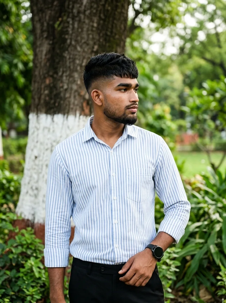 AI Image Prompt Vertical outdoor waist-up portrait of a young man posing candidly in a lush park setting.