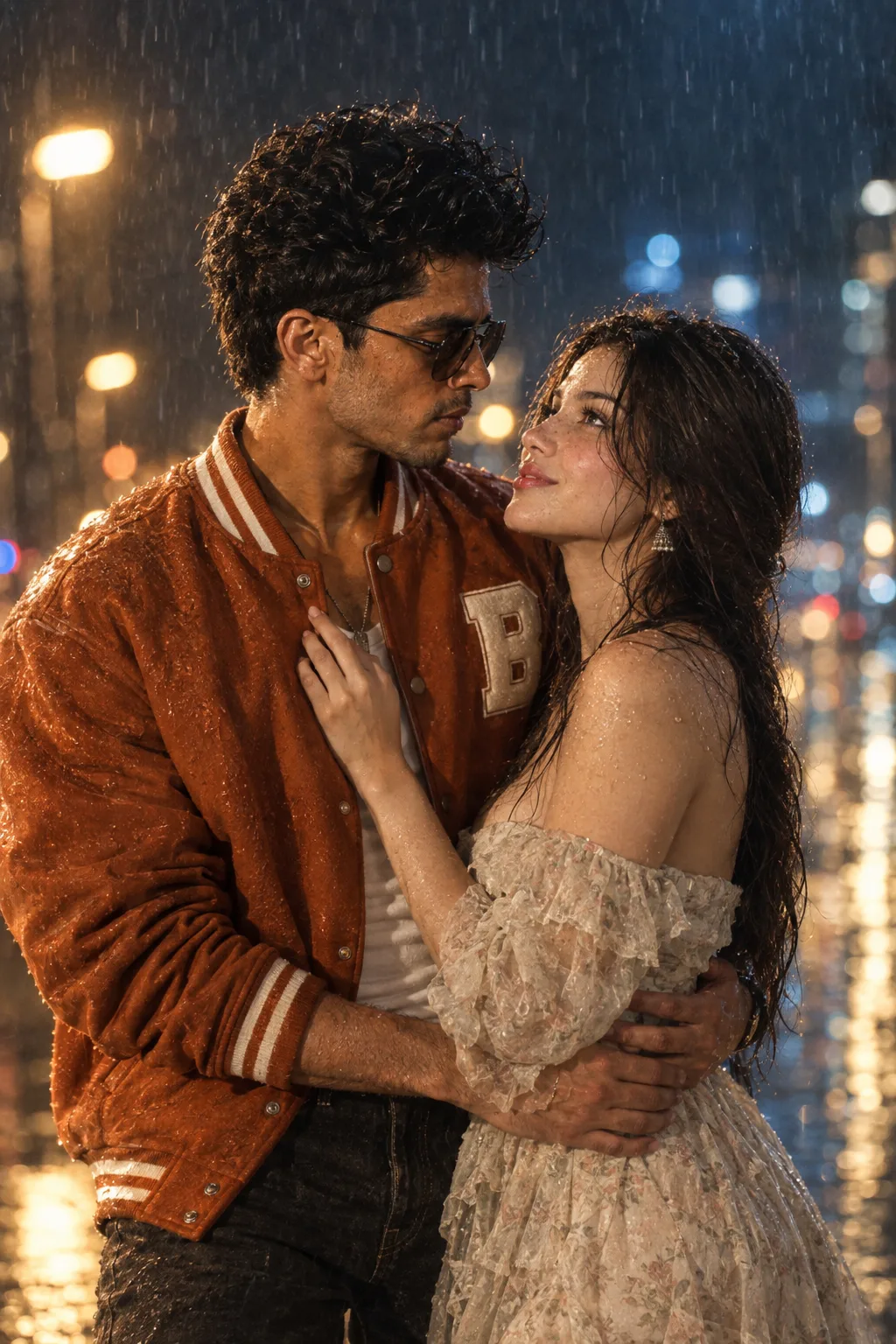 Ultra-realistic cinematic romantic couple portrait, vertical 4:5 composition.