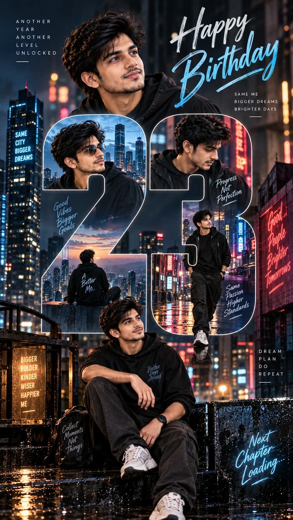 Prompt by @aipromptsgenz Create a futuristic 9:16 birthday poster using the same man from the reference image, preserving his exact face,