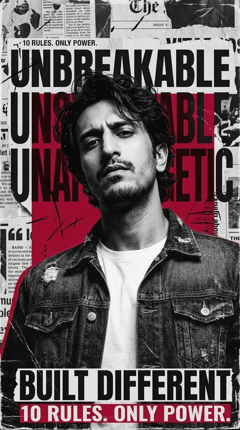 Create a high-impact cinematic editorial poster inspired by the uploaded reference image, featuring a rugged young South Asian man in a
