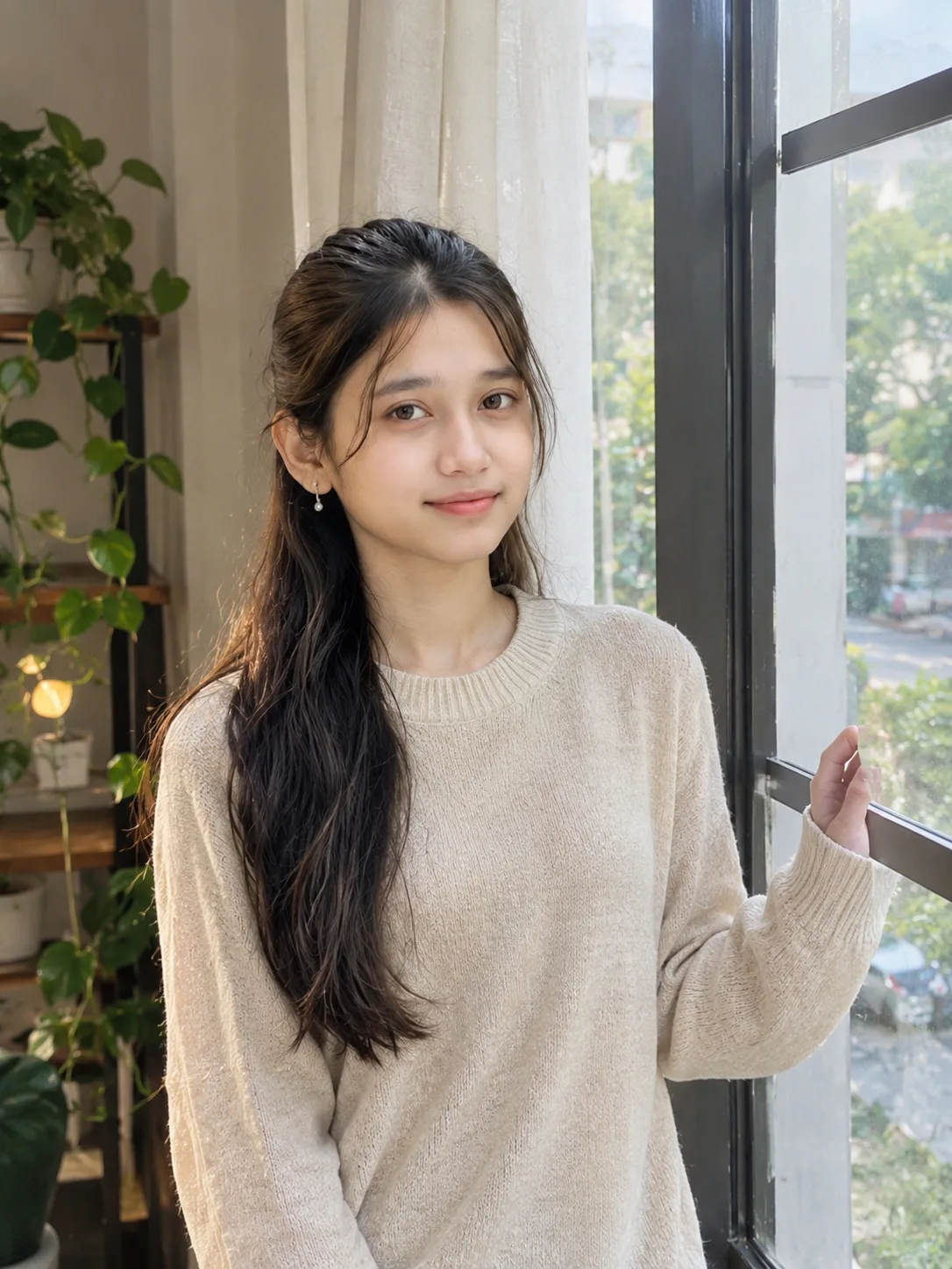 Ultra realistic cinematic photograph of a young woman standing near a large window during soft daylight, shot on a real DSLR camera.