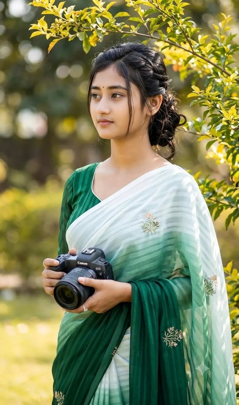 A stylish cute young girl (reference image given) with a slightly dark messy hairstyle and wearing a lose (Green & White) gra dienthalf