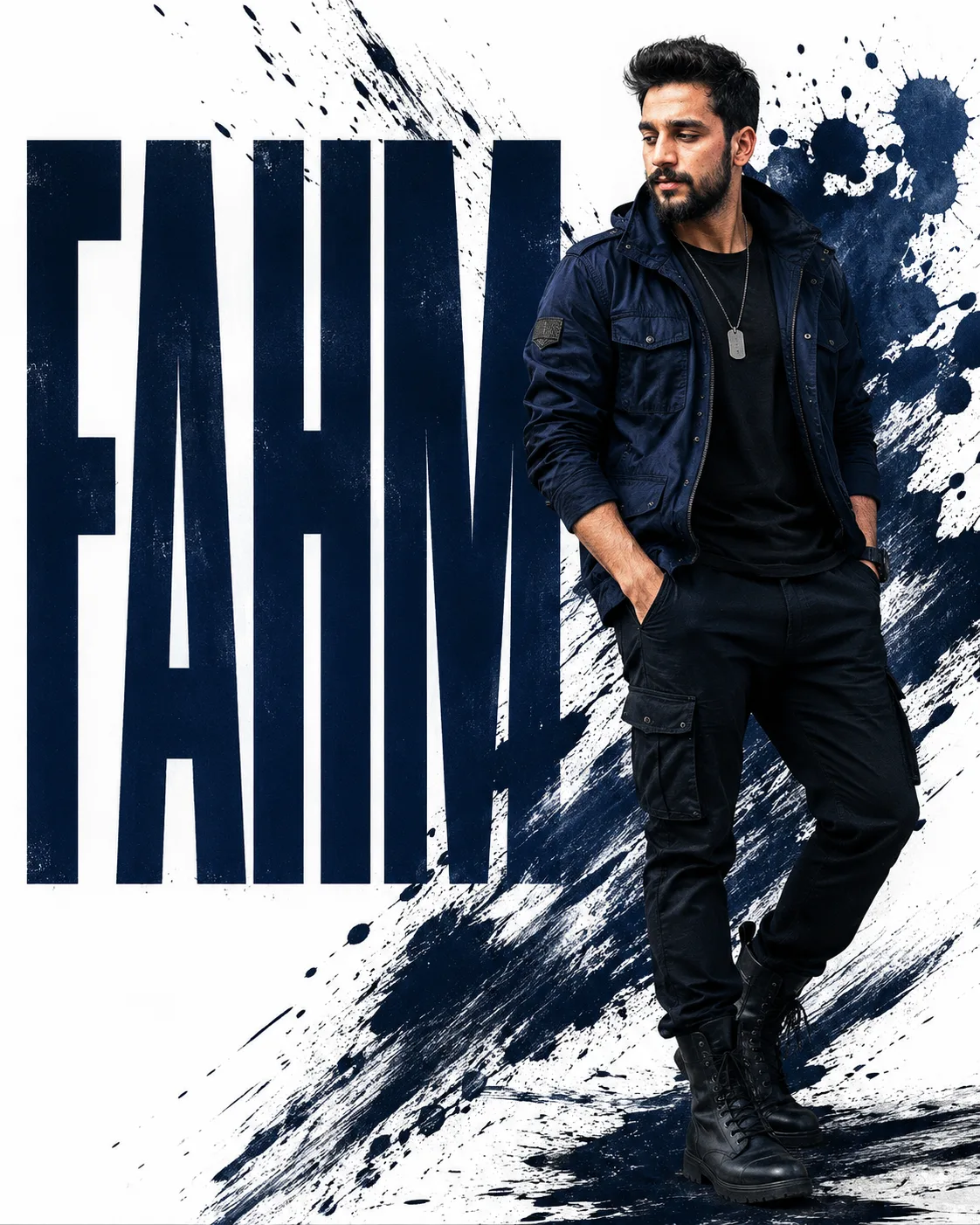 Create a premium cinematic 4:5 typography poster using the uploaded reference image to preserve the person's exact facial identity,
