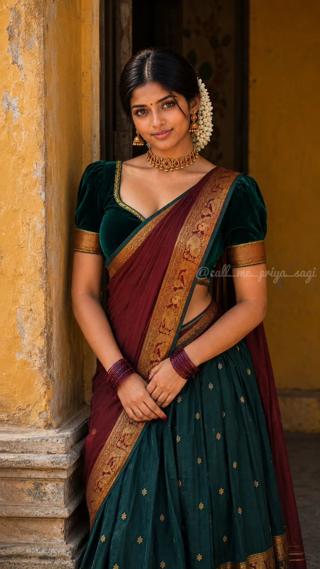 β¨ Elegant Style ππ» A beautiful young South Asian woman leaning against a rustic yellow wall, smiling gently at the camera.
