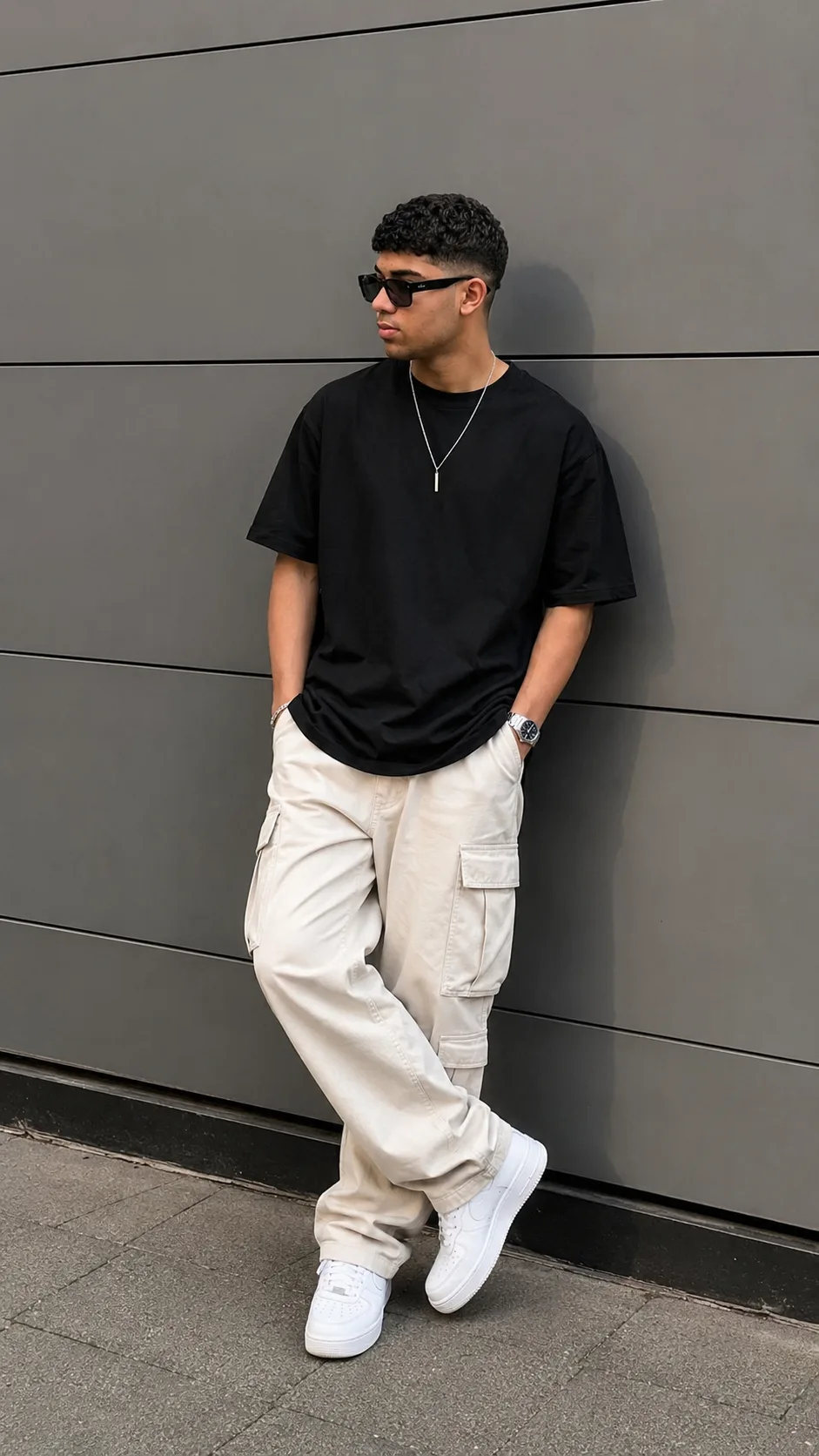Ultra-realistic full-body streetwear portrait of a young male leaning casually against a dark gray modern paneled wall, wearing an