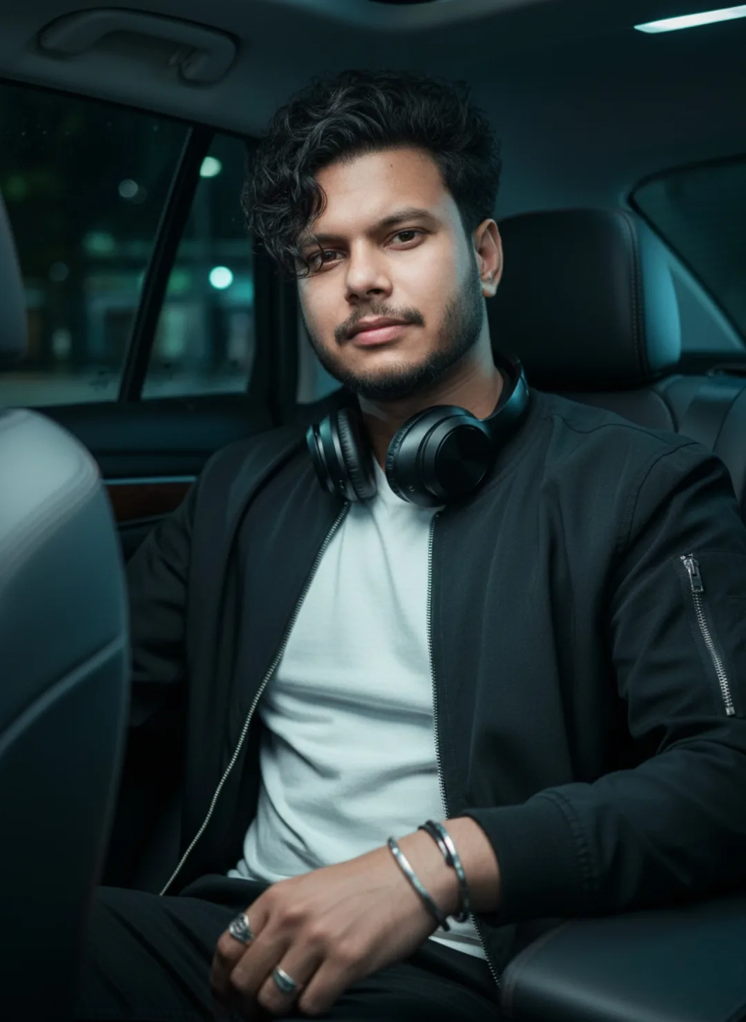 A highly detailed, photorealistic portrait of a young handsome Indian man in his mid-20s sitting in the back seat of a modern luxury car at