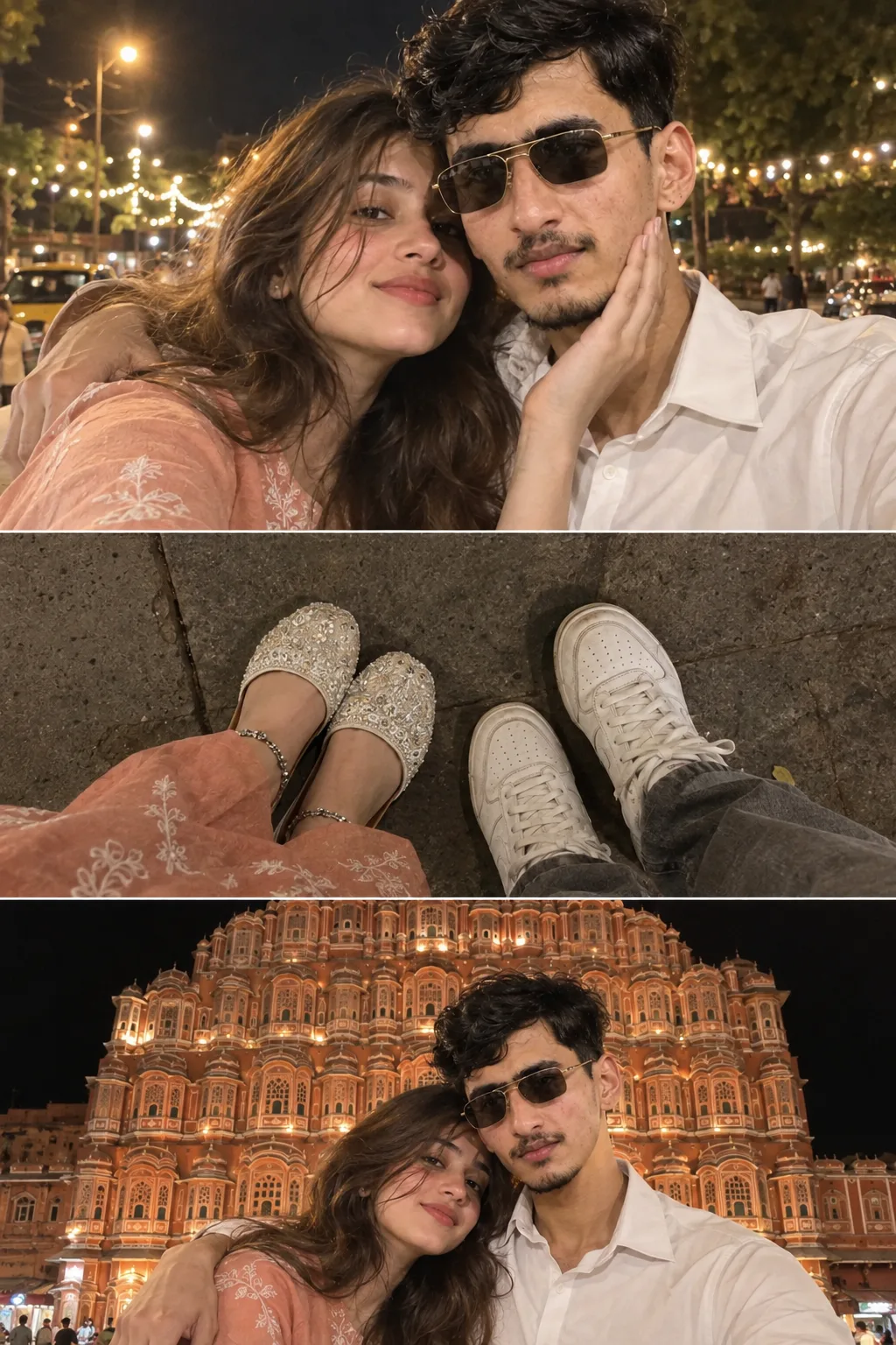 Create 3-panel vertical collage, top panel: close-up night selfie of a couple, boy in curly bedhead hair with light stubble wearing a white