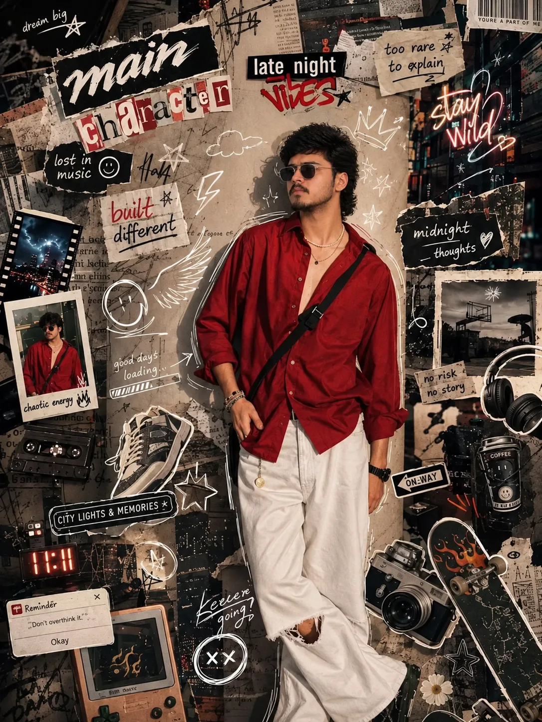 Create a stylish 4:5 editorial street-fashion collage portrait of a young South Asian man standing confidently in the center.