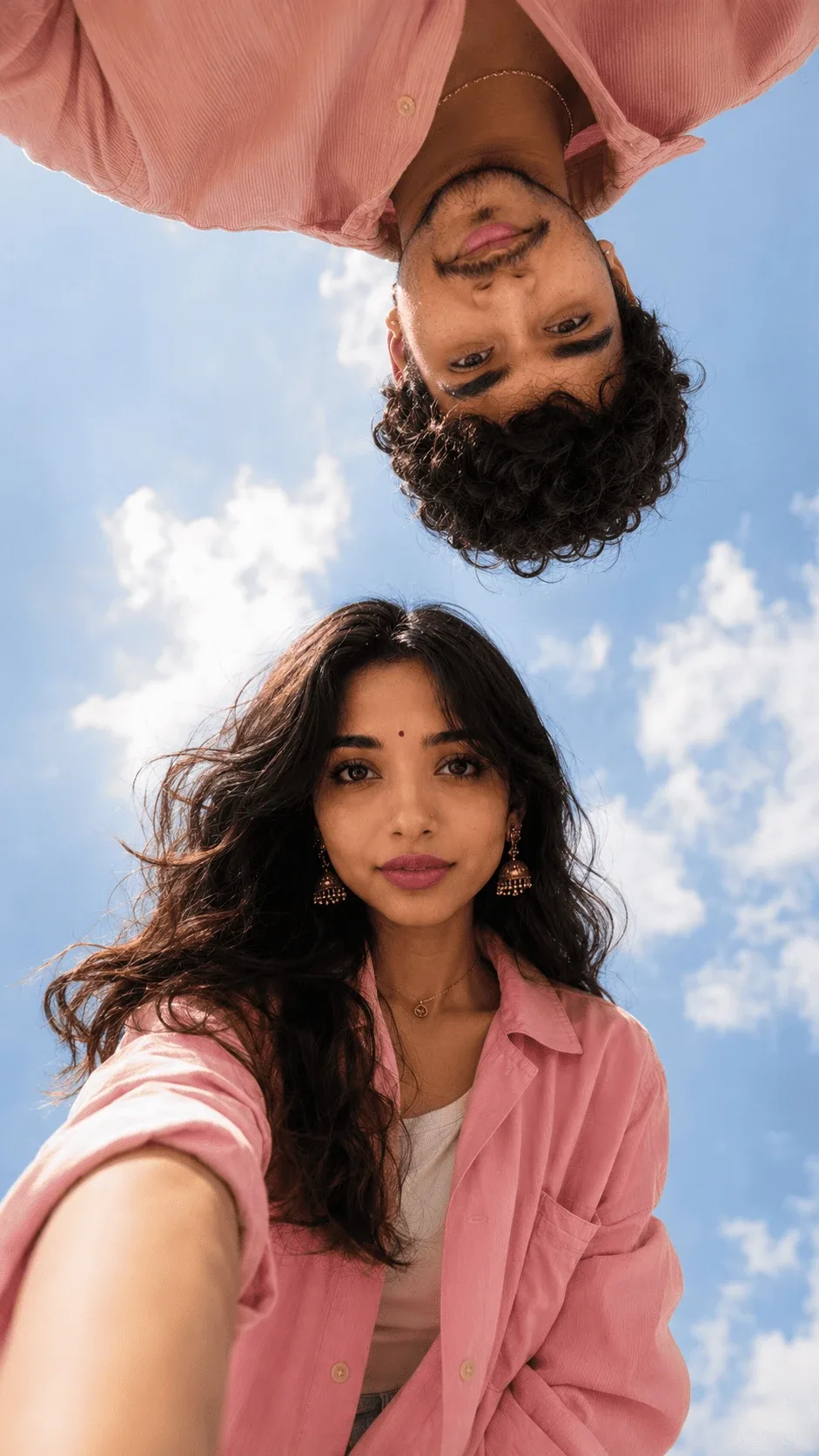 Create a realistic long-distance couple portrait in the same style as the reference.