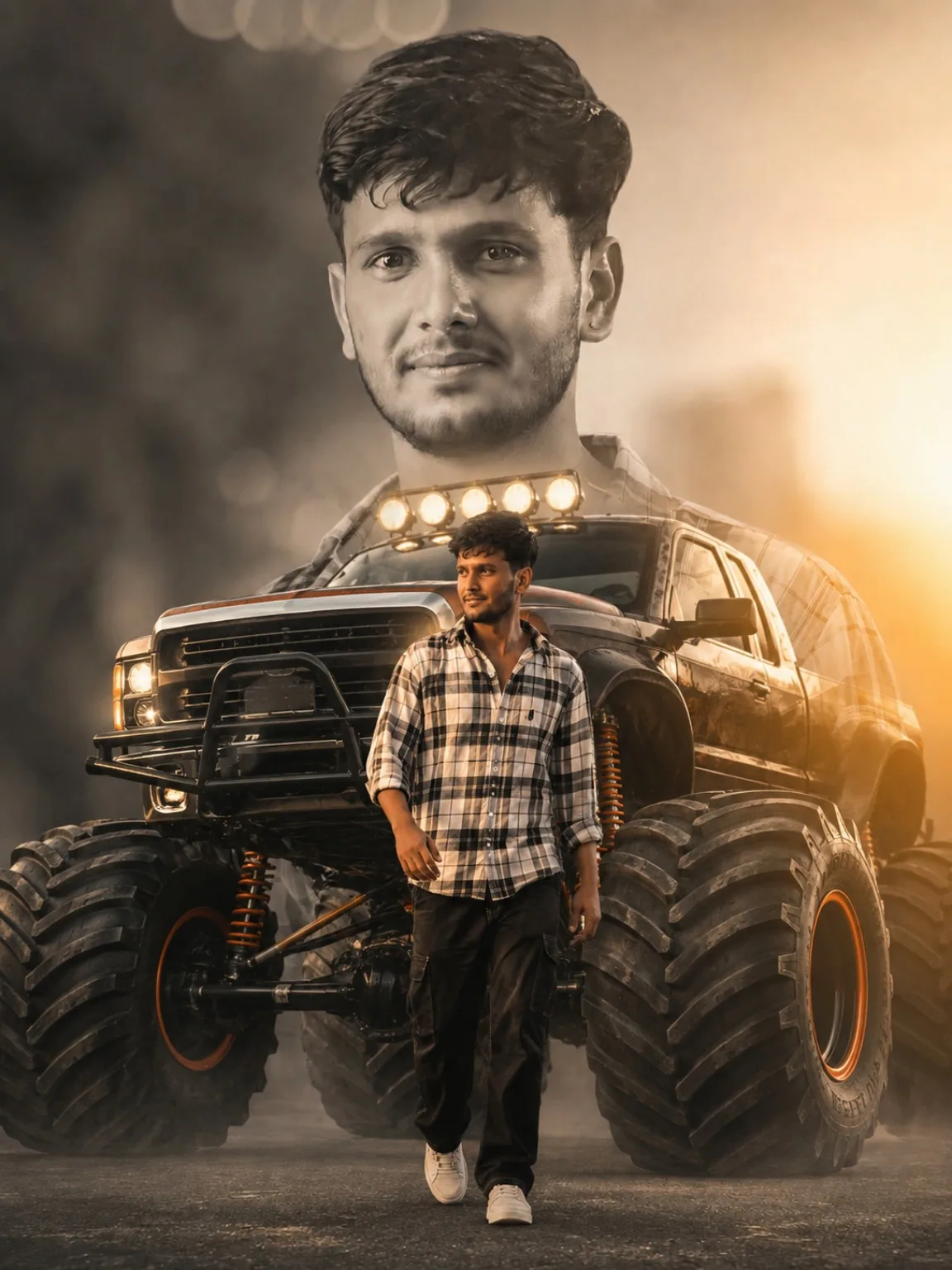 Create a hyper-realistic cinematic double-exposure portrait of the same Indian young man from the reference photo, keeping his face,