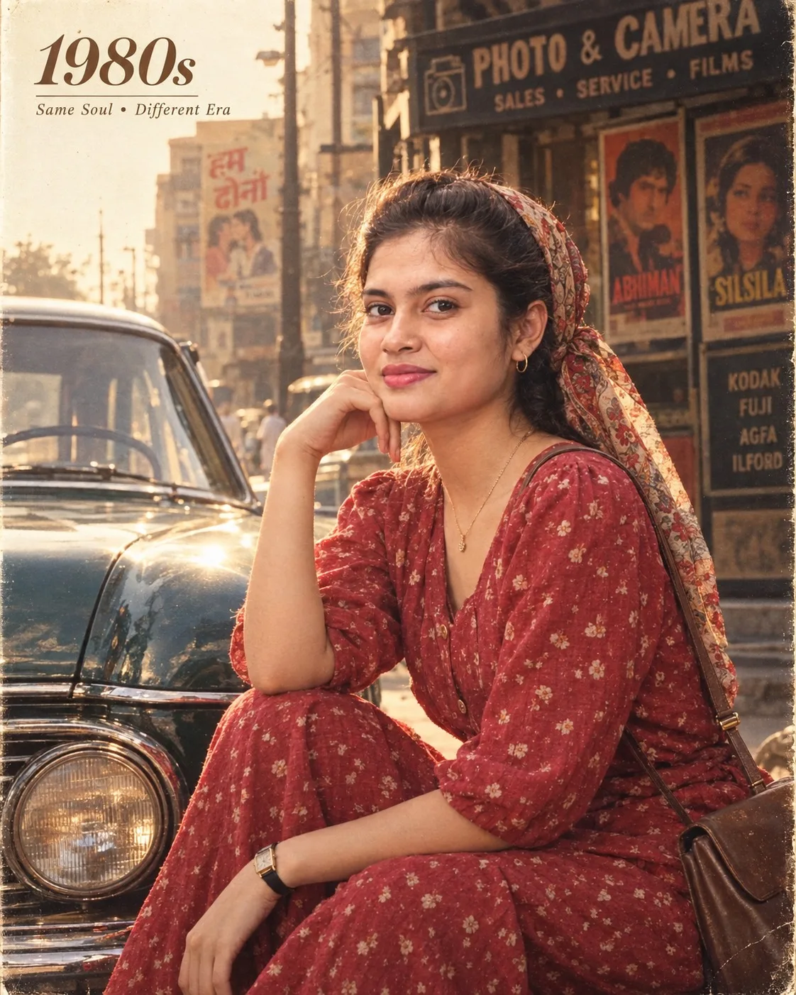Create a highly realistic vertical 4:5 vintage 1980s Indian cinematic photograph inspired by the provided reference image.