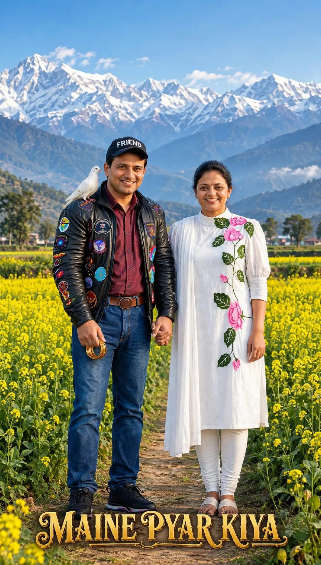 A photorealistic romantic movie poster, a young Indian couple standing holding hands in the middle of a vibrant yellow mustard flower