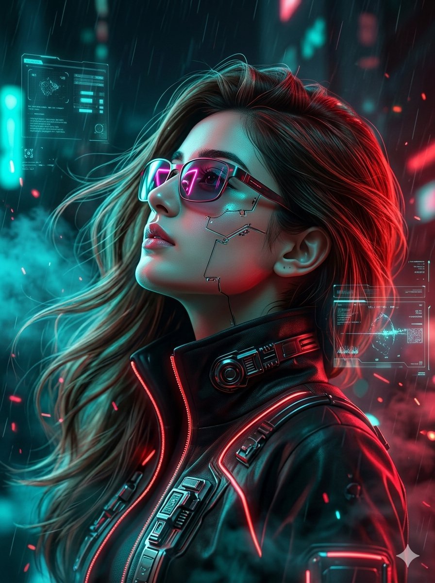 Image using on Gamini Nano Banana pro Prompt Using the uploaded image and without changing the face, create a hyper-detailed cyberpunk