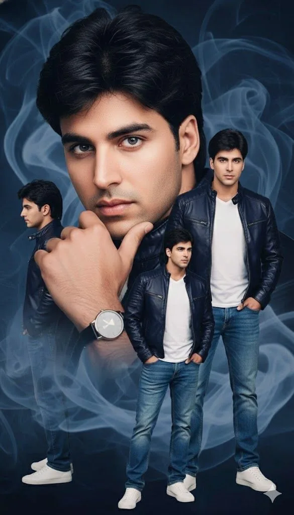 A multi-exposure collage photo of a handsome South Asian man set against a dark blue background with abstract smoky wisps.