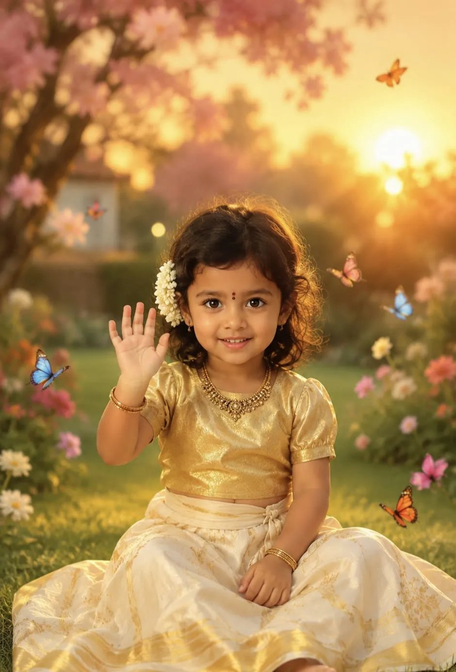 A heartwarming semi-realistic digital painting of a smiling 3-year-old Indian girl sitting on lush green grass in a magical golden-hour