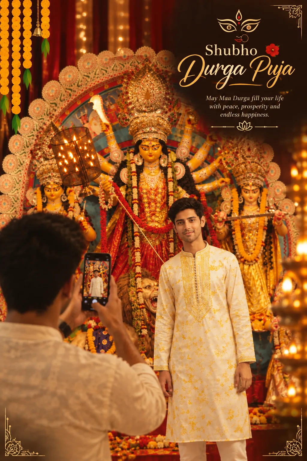 Create a photorealistic cinematic vertical portrait of a young Indian man standing confidently in front of a beautifully decorated Durga