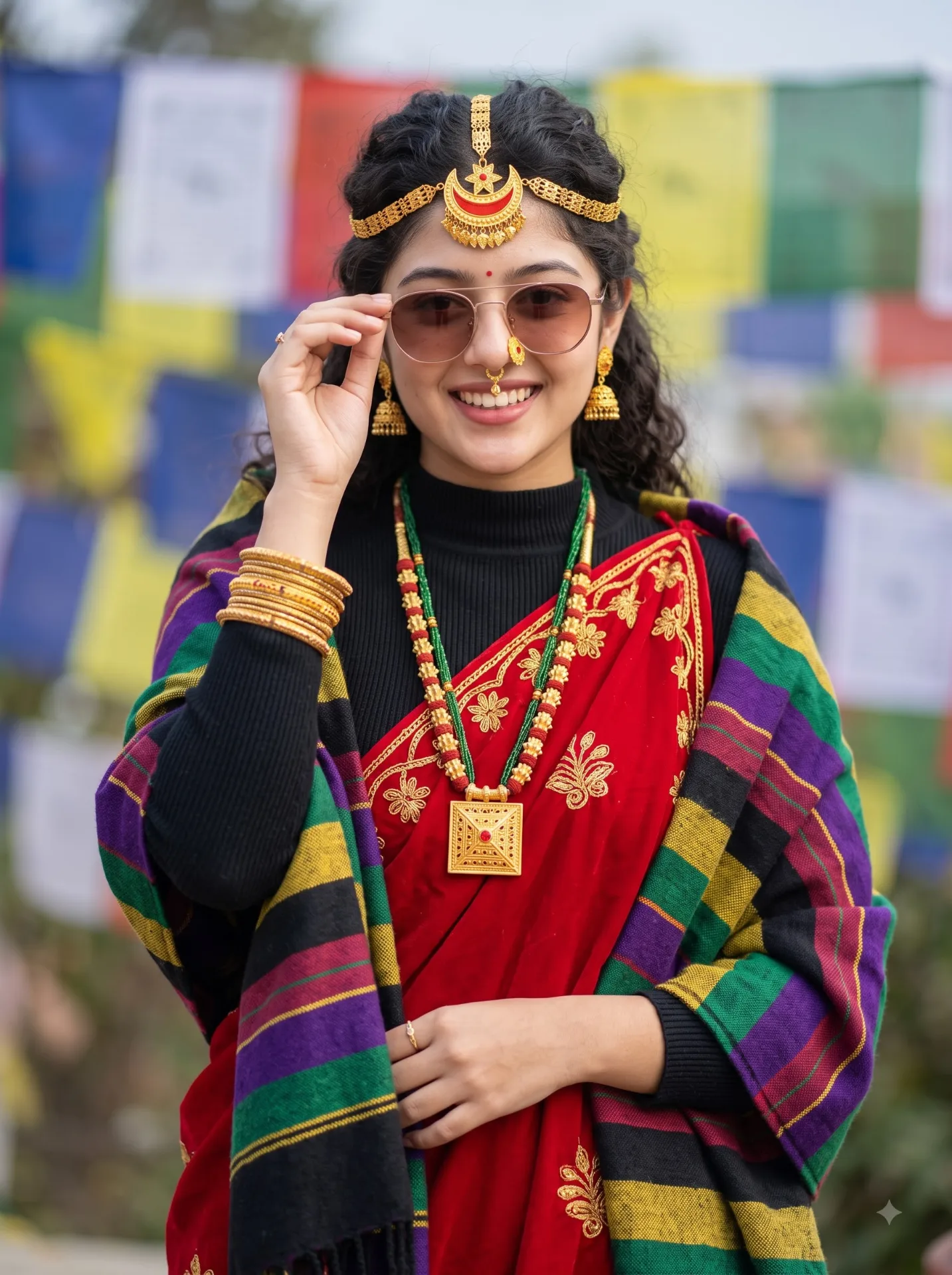 "A detailed photo of a young Nepali woman wearing traditional cultural attire.