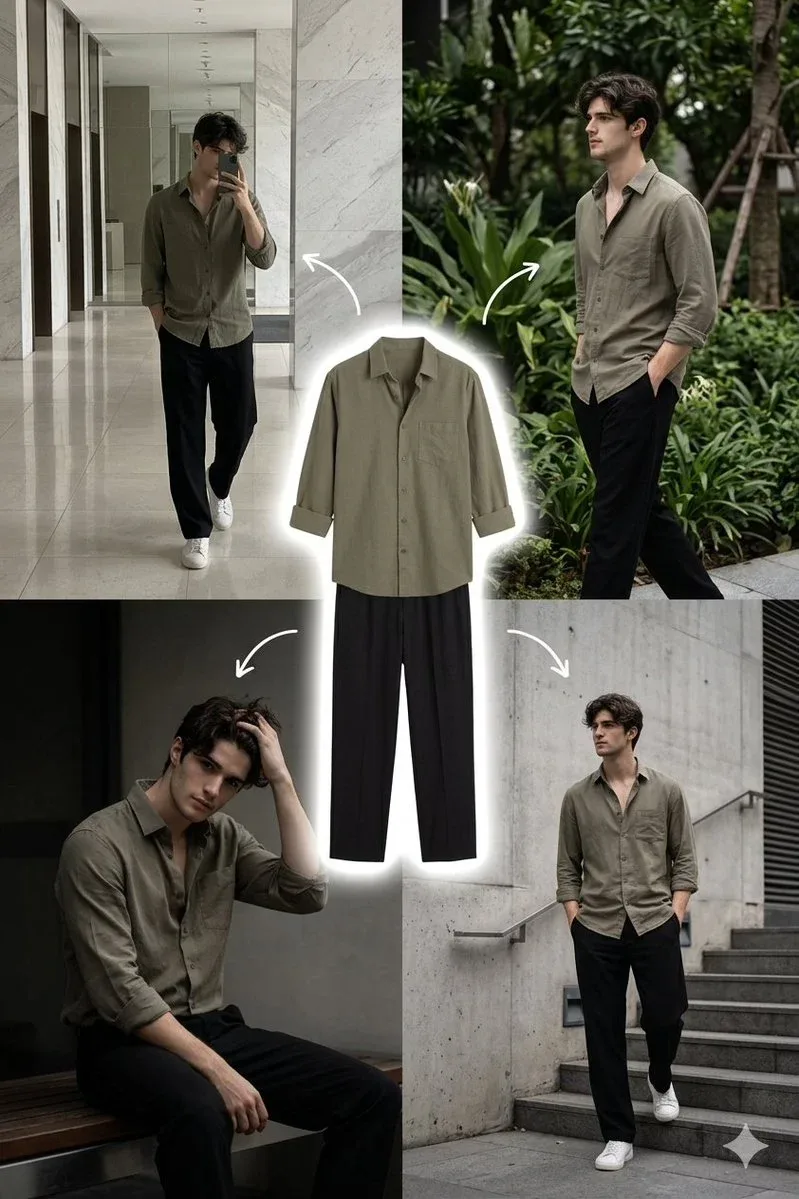 A stylish young man with medium-length wavy dark hair and a clean face, wearing a muted olive green button-up shirt with sleeves slightly