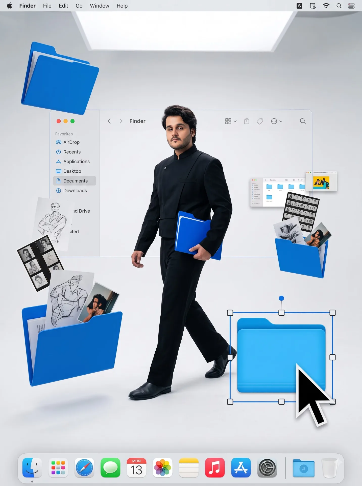 Surreal high-fashion full-body portrait of me walking through a vast seamless white studio transformed into a three-dimensional MACOS