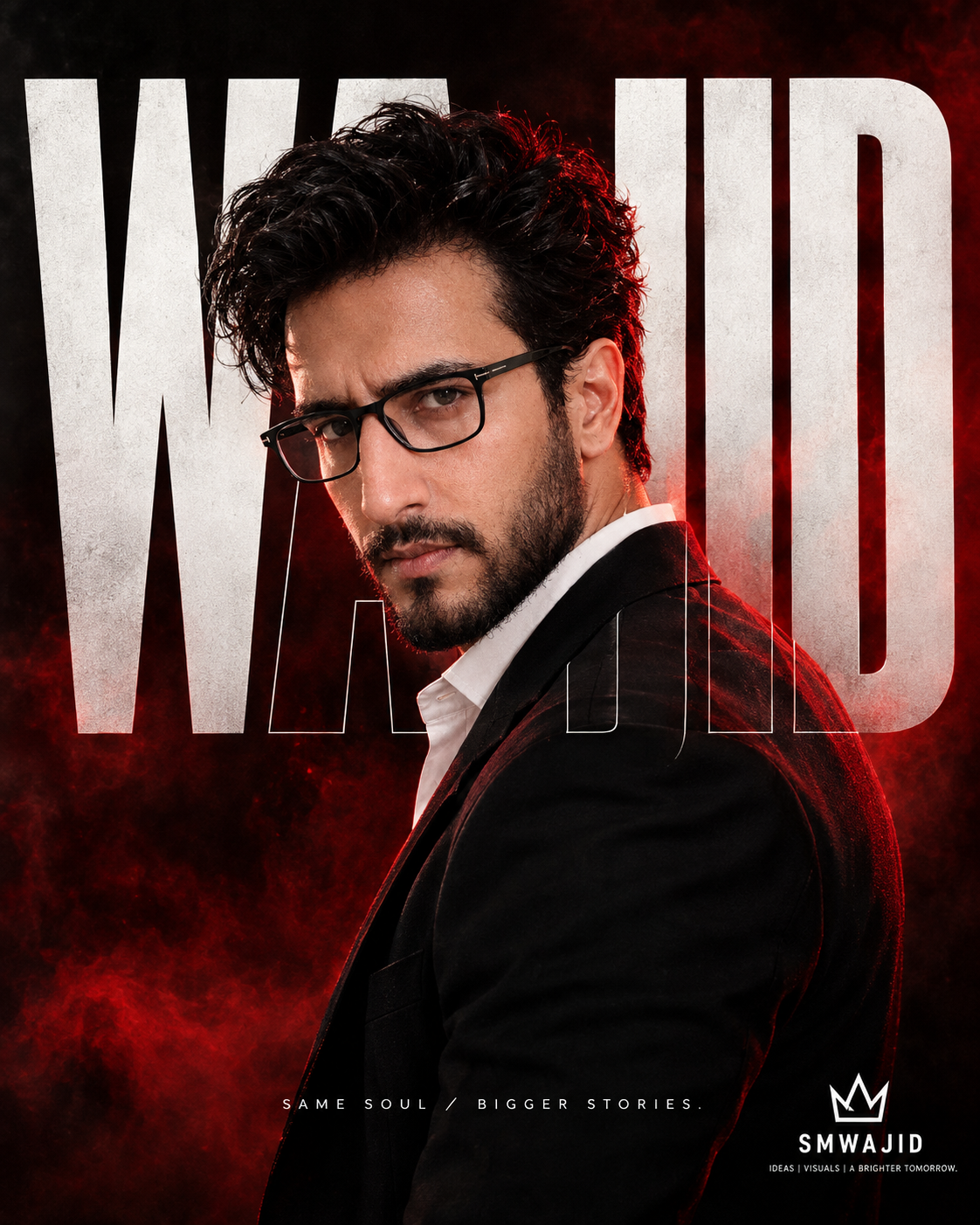 Create an ultra-realistic cinematic poster featuring a completely original young South Asian man with naturally wavy medium-length black