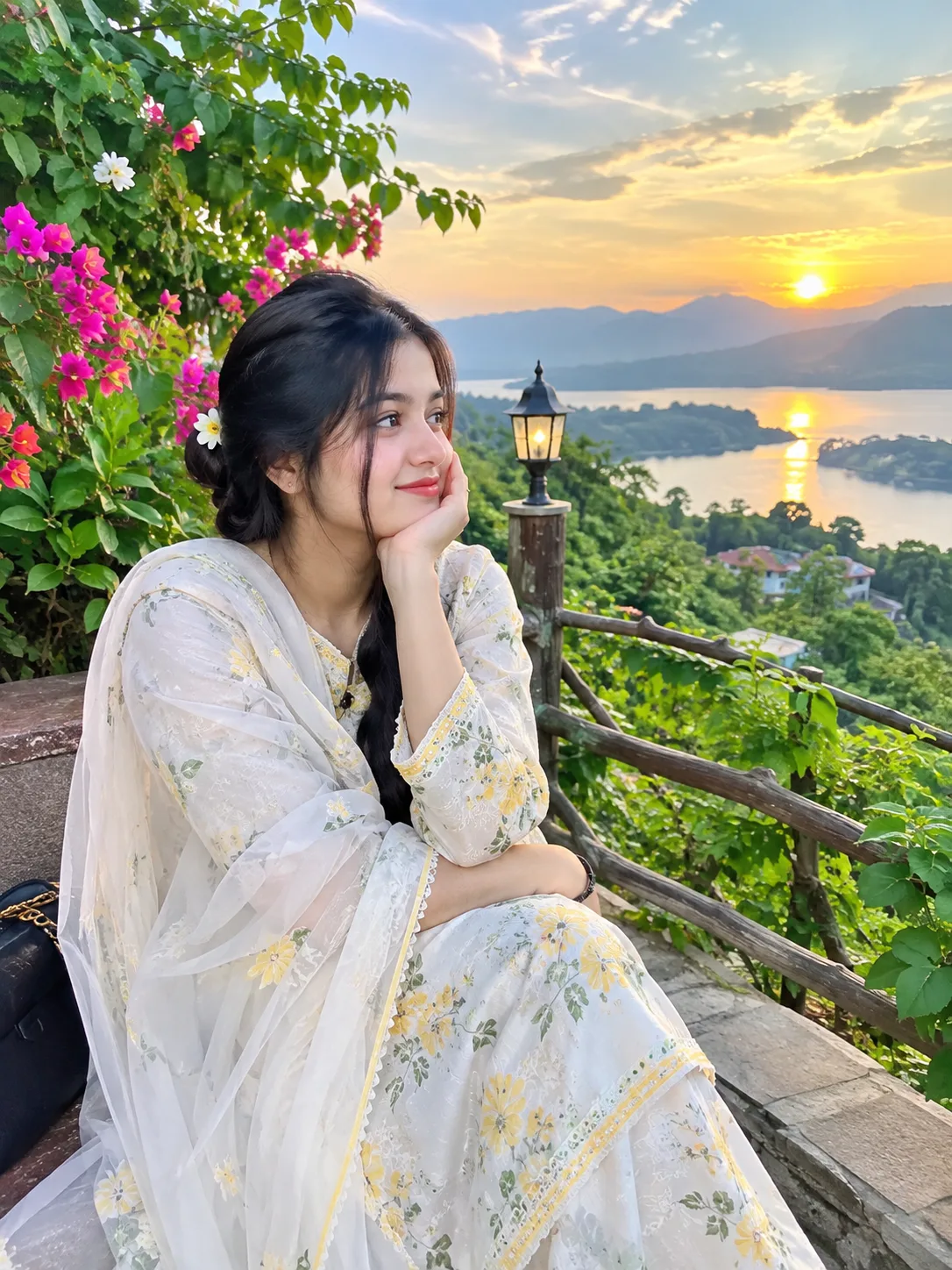 A beautiful young South Asian woman wearing an elegant white floral traditional dress, sitting gracefully in a lush green garden beside a
