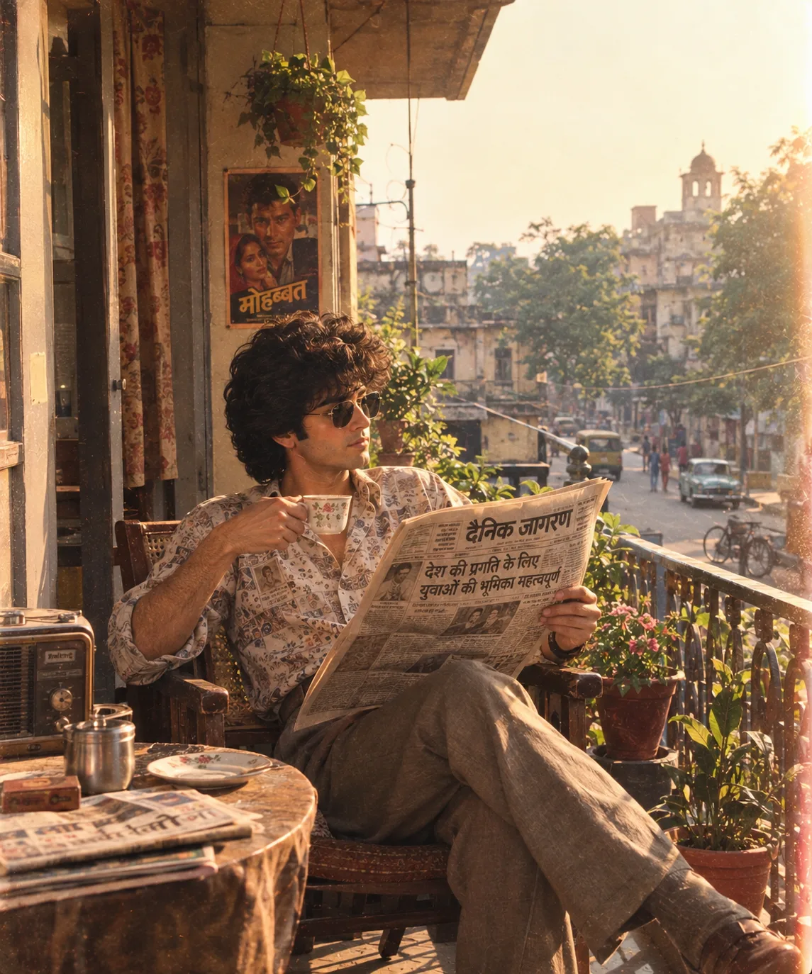 Photorealistic cinematic 1980s Indian morning scene featuring a young person sitting comfortably on an old apartment balcony, reading a