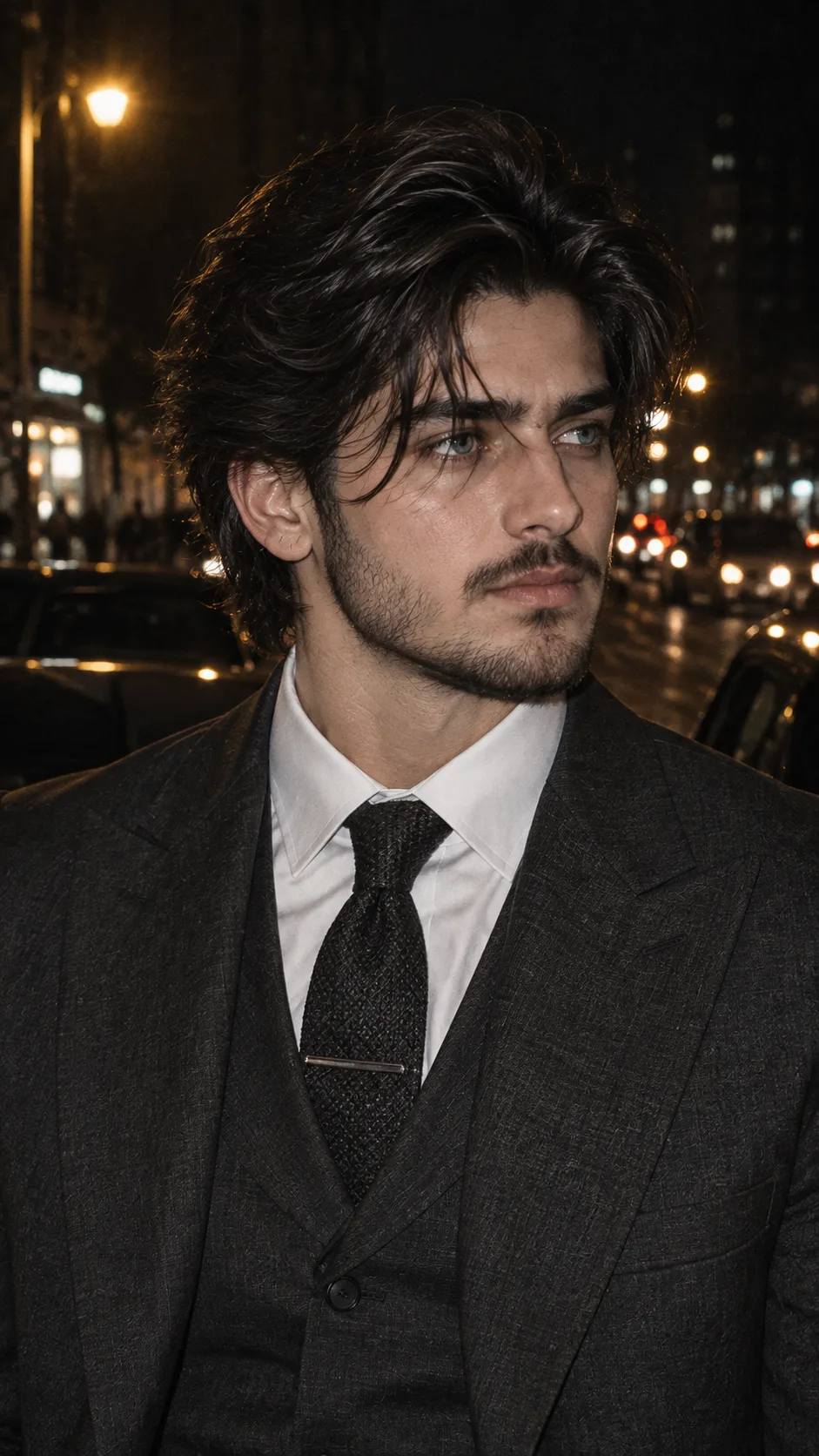 **Ultra-realistic cinematic close-up fashion portrait of a striking young adult man standing outdoors at night in a city street.** He has a