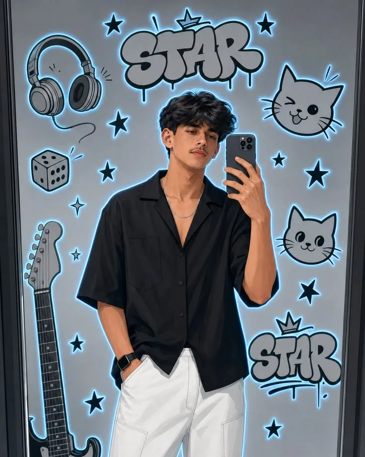 { "design_type": "stylized_mirror_selfie_poster", "aspect_ratio": "4:5", "visual_style": "semi-realistic digital illustration with graffiti