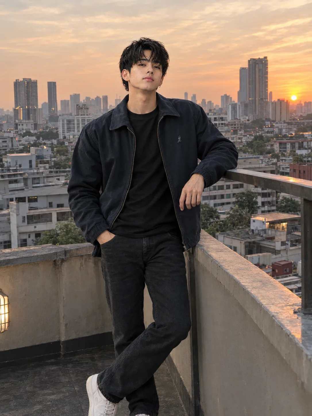 Ultra realistic cinematic photograph of a young man standing on a city rooftop during early evening, shot on a real DSLR camera.