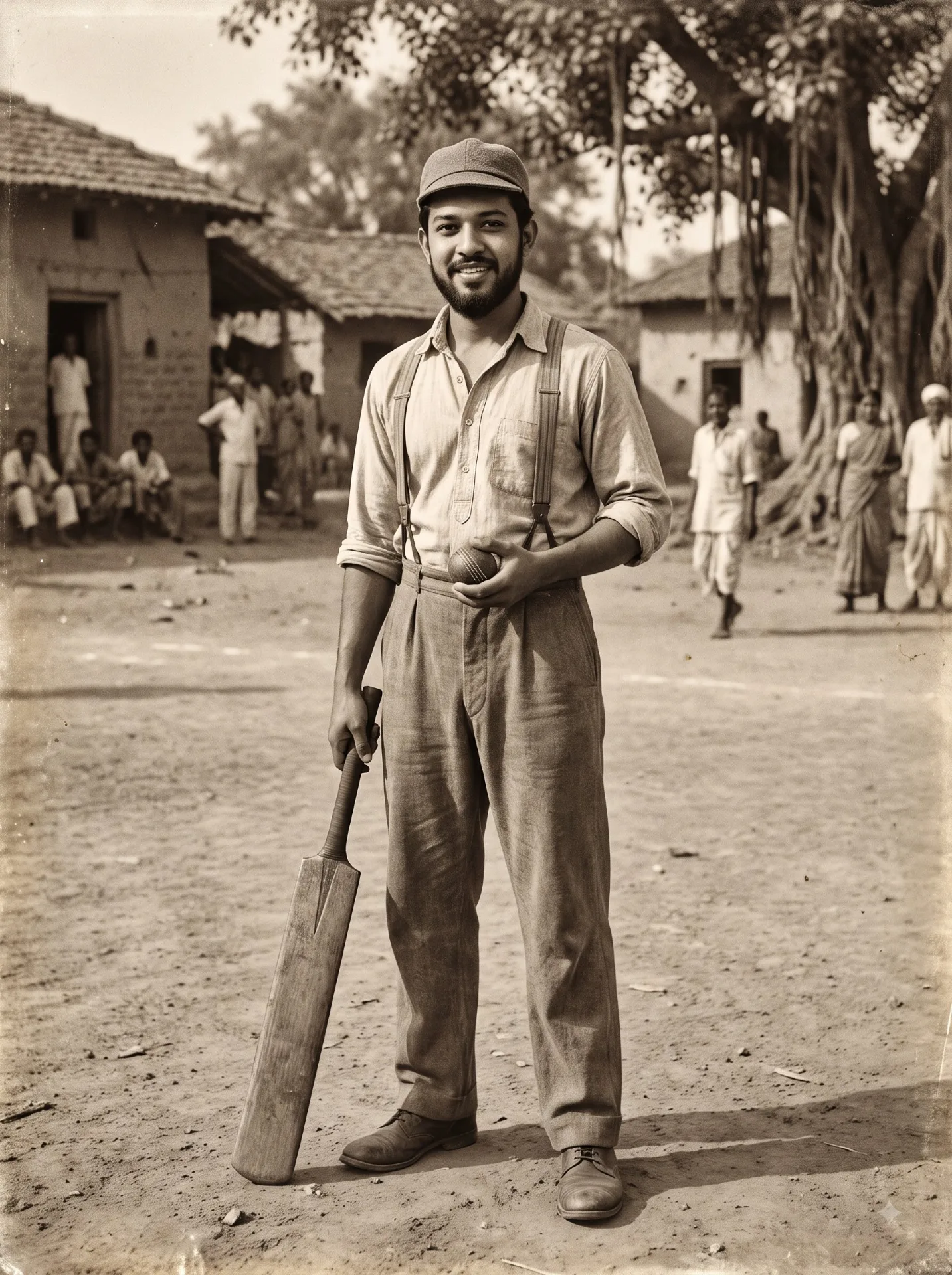 Prompt 🏏 Photorealistic authentic 1895 Indian historical photograph of a young village cricketer standing proudly on an old dusty cricket