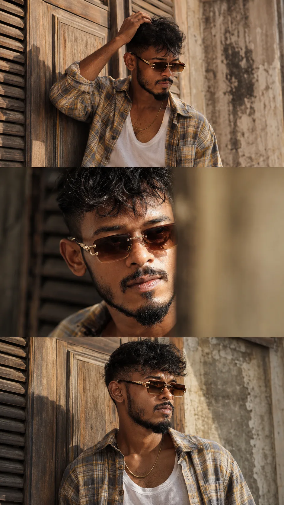 Create a highly photorealistic cinematic three-frame vertical fashion portrait collage using the reference image as the main visual guide.