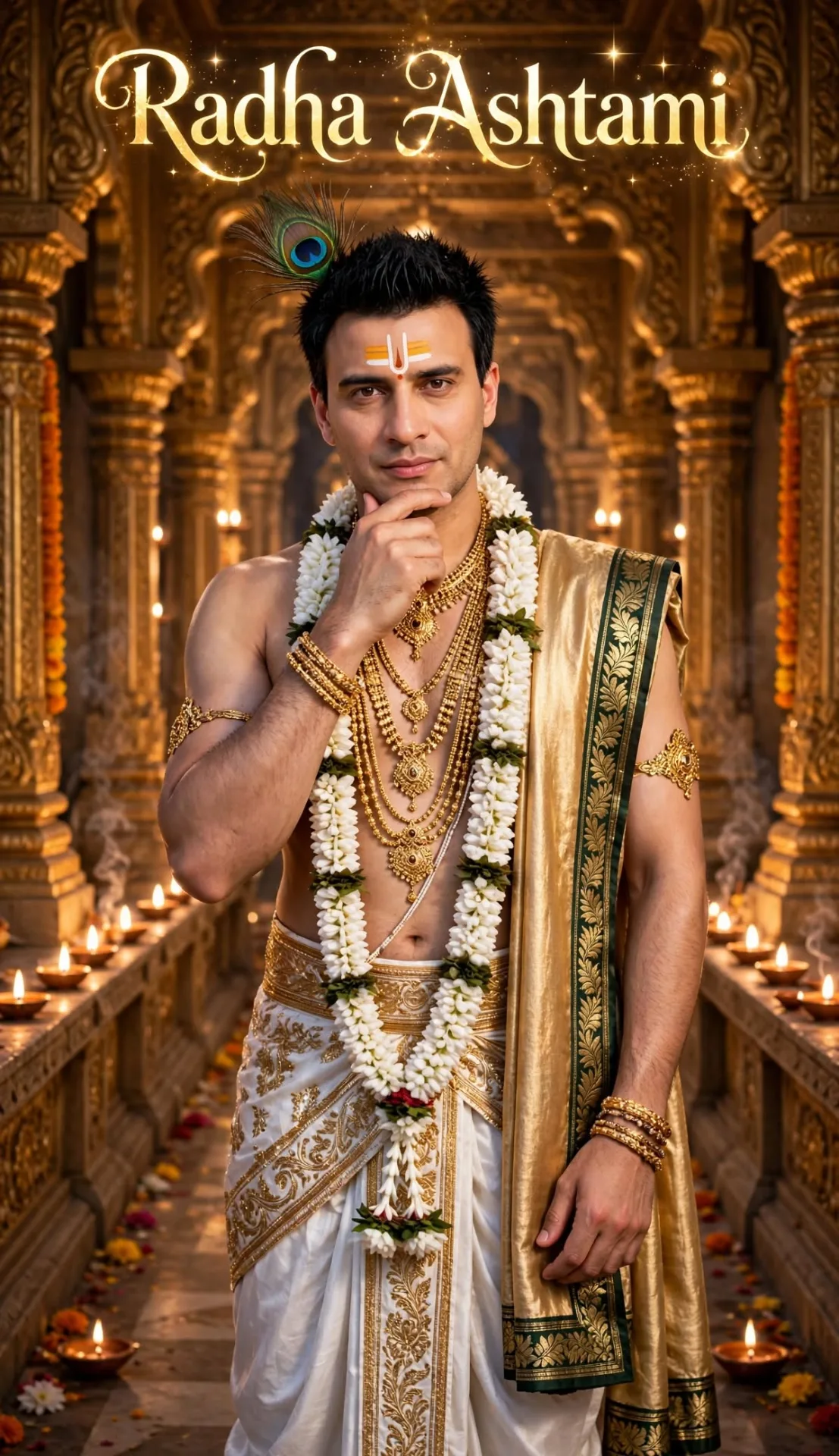 Photorealistic devotional portrait of same person, face 100% identical - no change in facial features OUTFIT: - Traditional Krishna costume