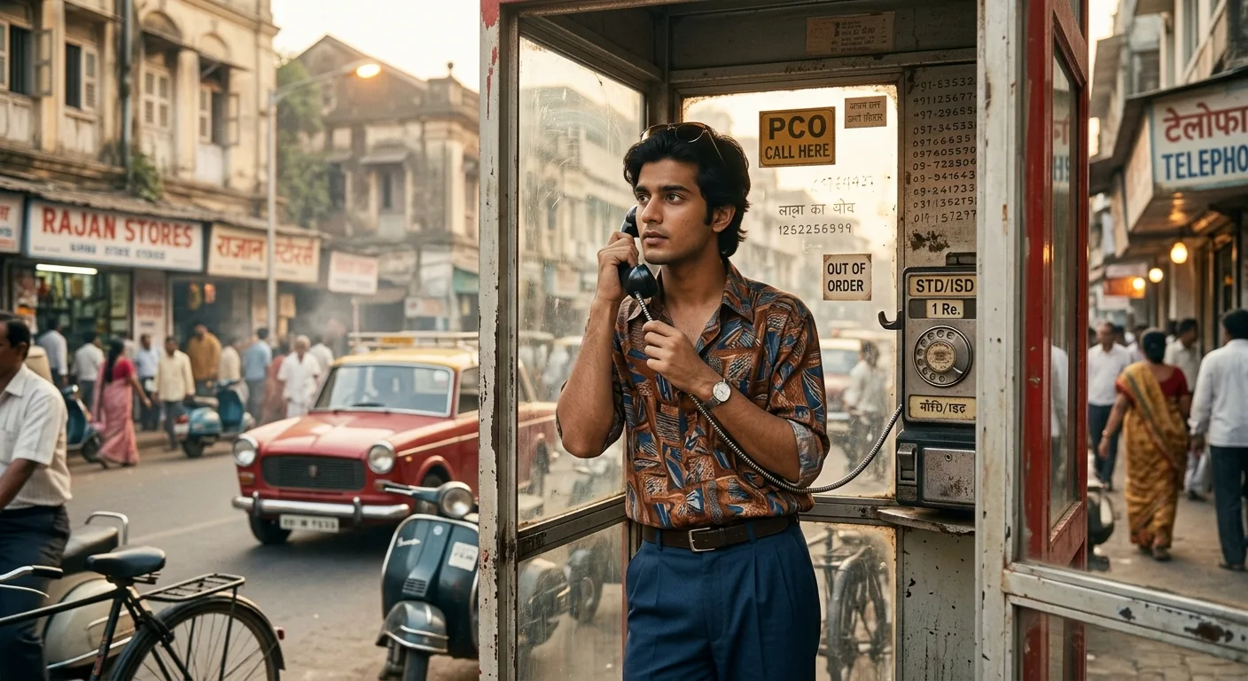 Photorealistic cinematic 1980s Indian street scene featuring a young person standing inside an old-fashioned public telephone booth,
