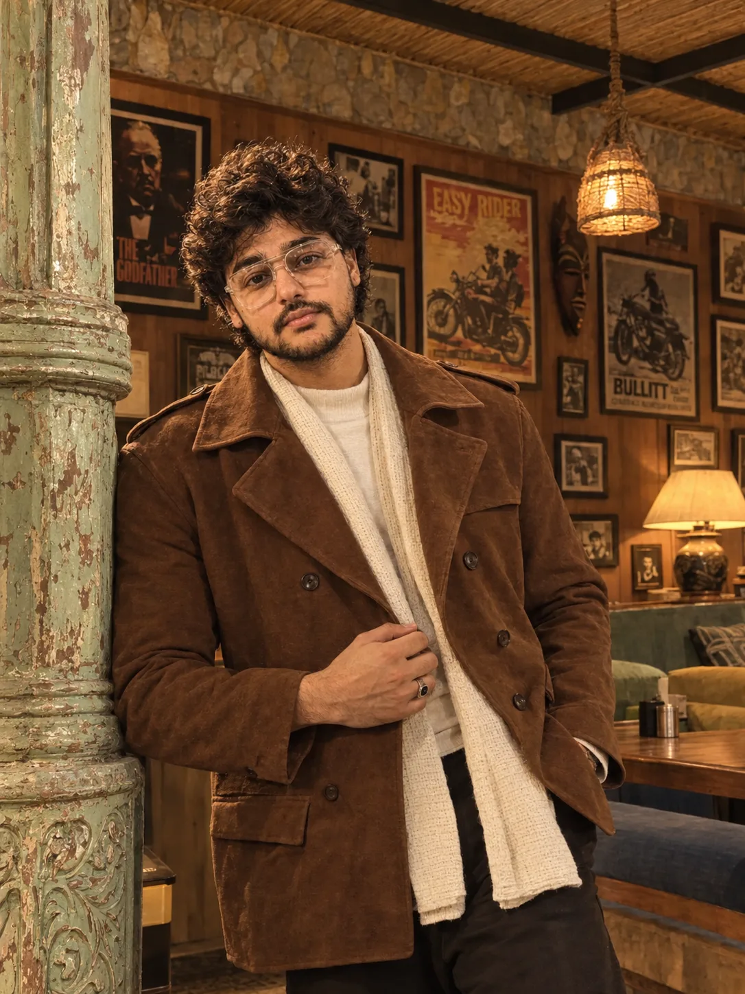 "A warm, cinematic lifestyle portrait of a young man with short, thick black hair styled in a tousled, side-swept fringe with faded sides,