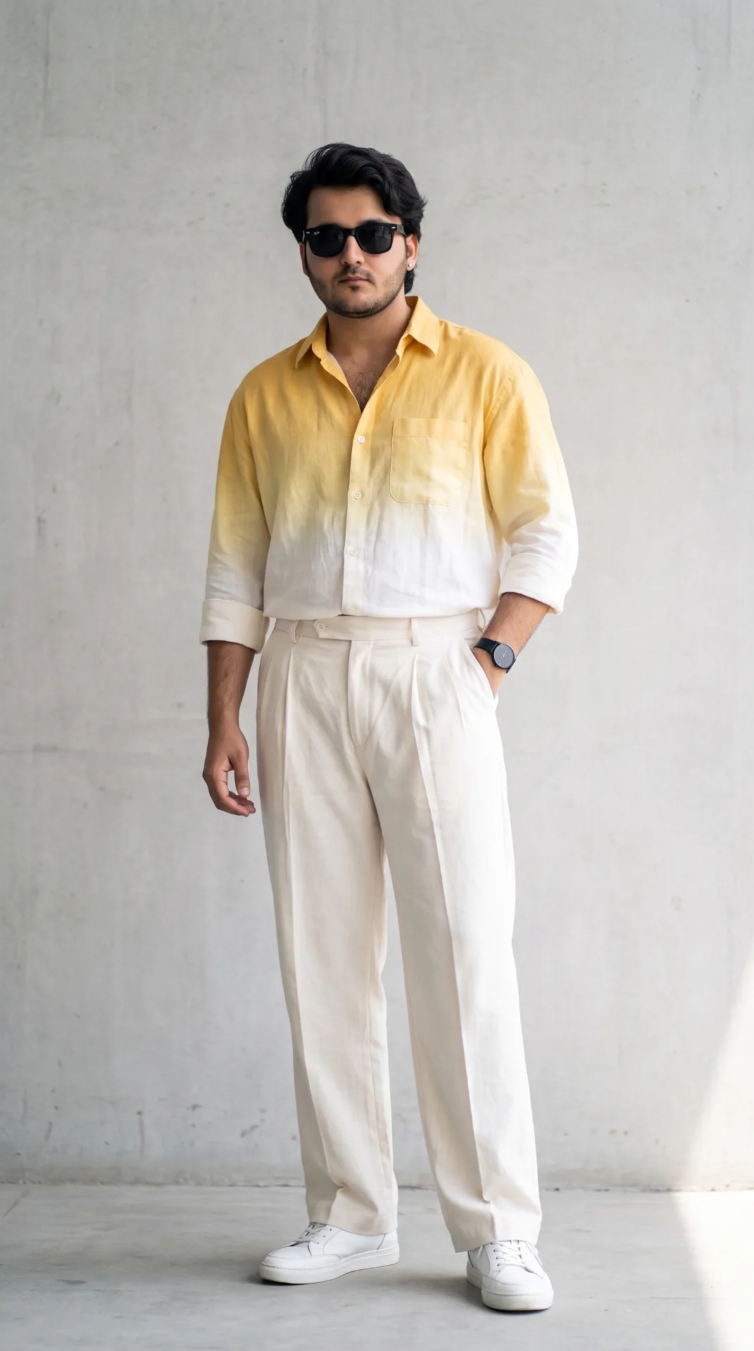 A full-body studio fashion photograph of a stylish South Asian man wearing a relaxed-fit linen shirt with a yellow and white ombre gradient