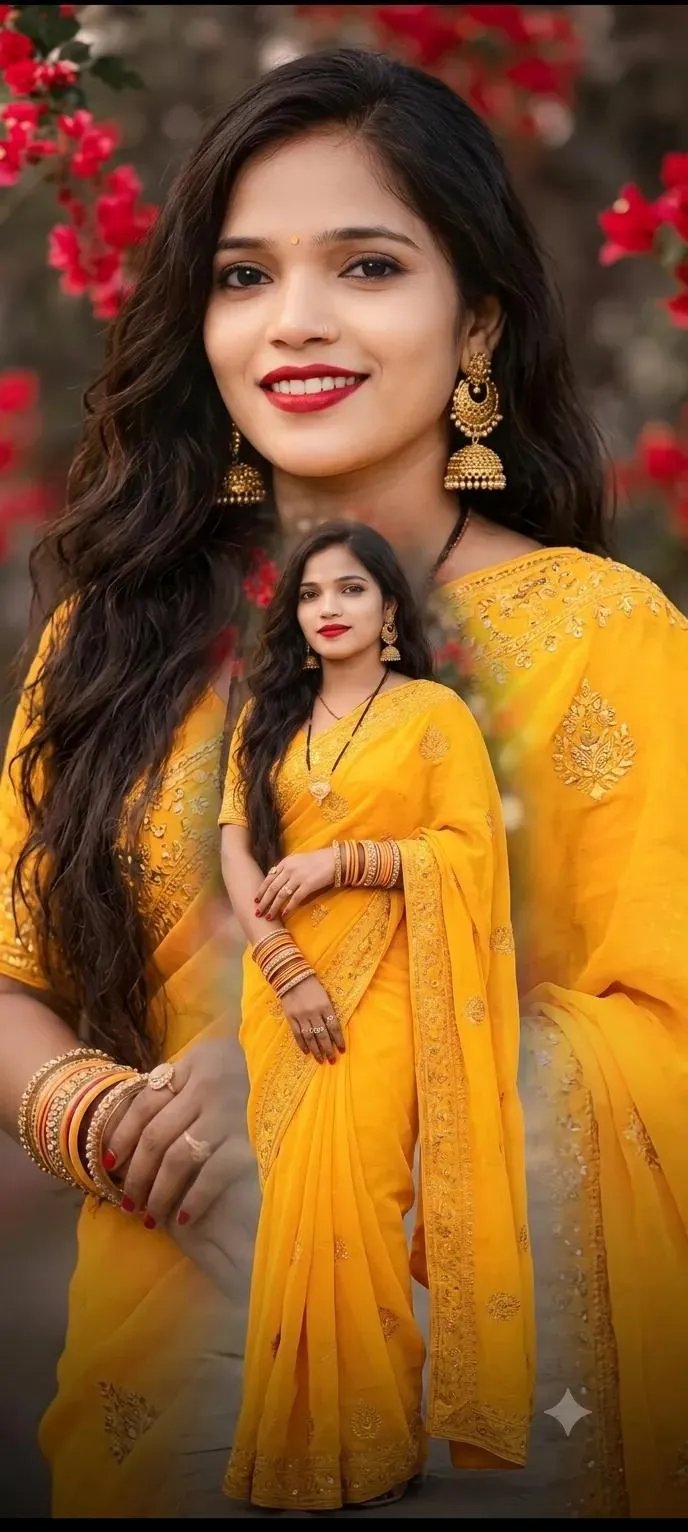 Accessories include heavy traditional silver/gold jhumka earrings, bangles, rings, and a bindi, with her long dark hair styled loose and