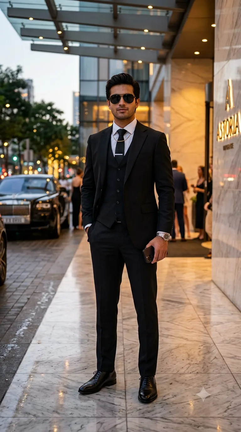 Create an ultra-realistic, premium cinematic full-body portrait of a handsome young Indian man standing confidently in an elegant luxury
