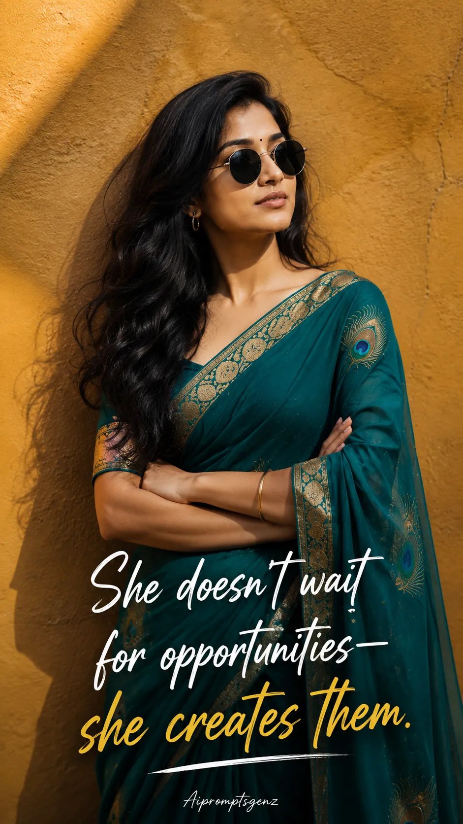 Photorealistic portrait of a beautiful Indian woman in her 20s, standing against a textured mustard yellow wall.