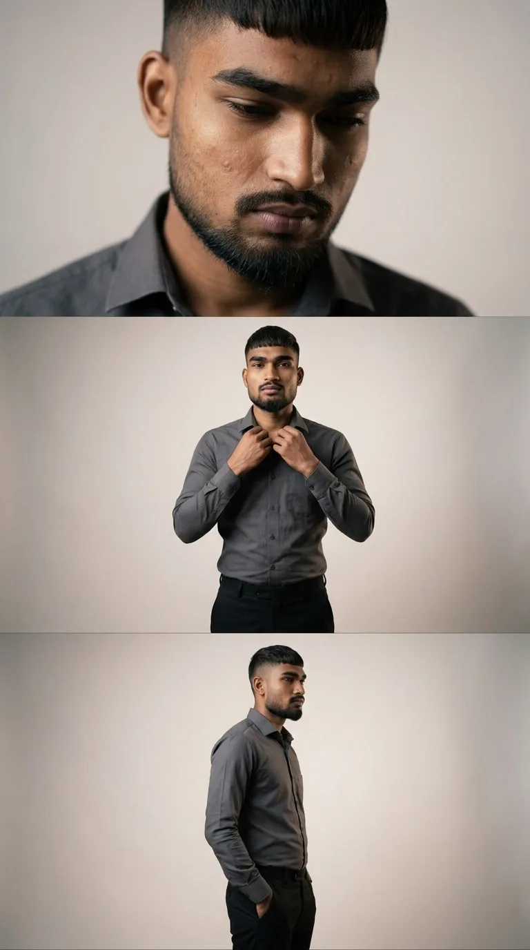 3-Panel Minimalist Studio Male Fashion Triptych in Charcoal Grey Shirt Prompt