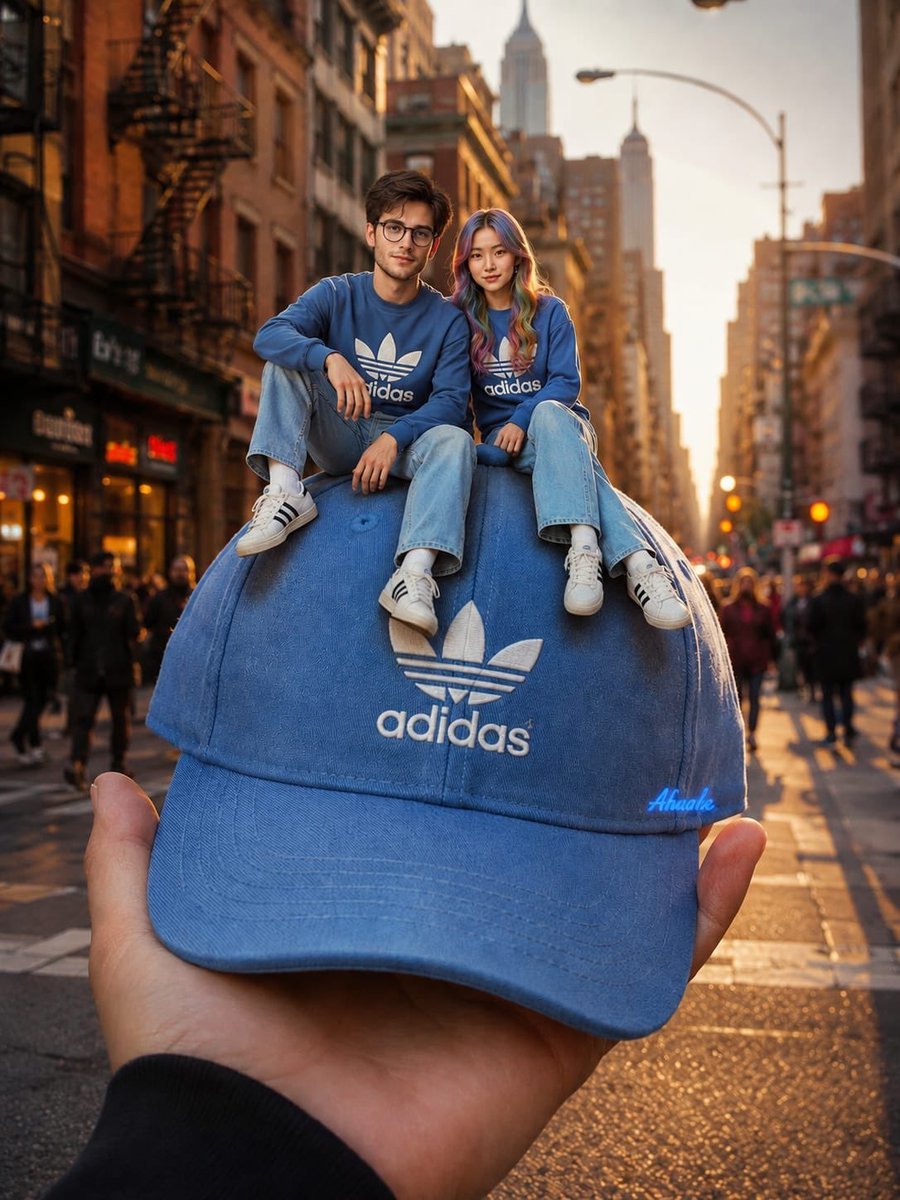 Gpt image 2.0 on chatGPT Prompt: > Ultra-realistic surreal forced-perspective miniature photography featuring a gigantic pastel-blue Adidas