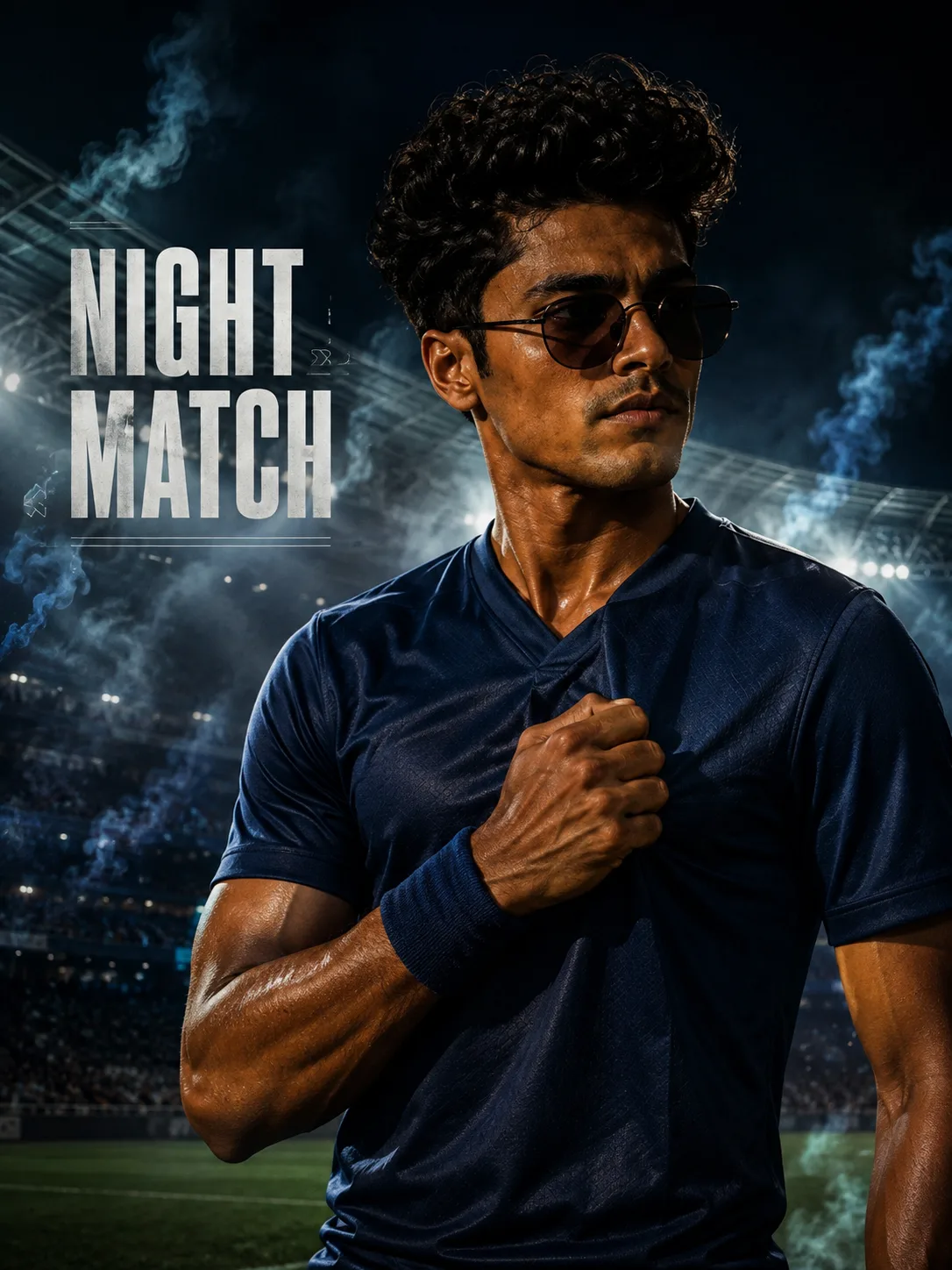 Theme: premium sports editorial poster built around fictional elite midfielder with focused expression and unbranded navy kit.