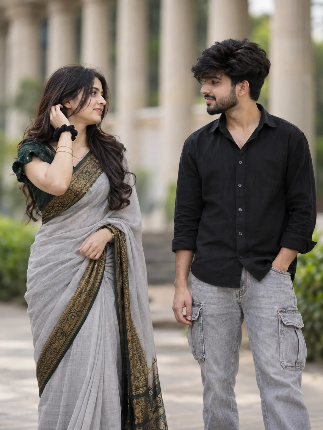 Prompt: An ultra-realistic, photorealistic photograph of a young Indian woman on the left and a young Indian man on the right, standing
