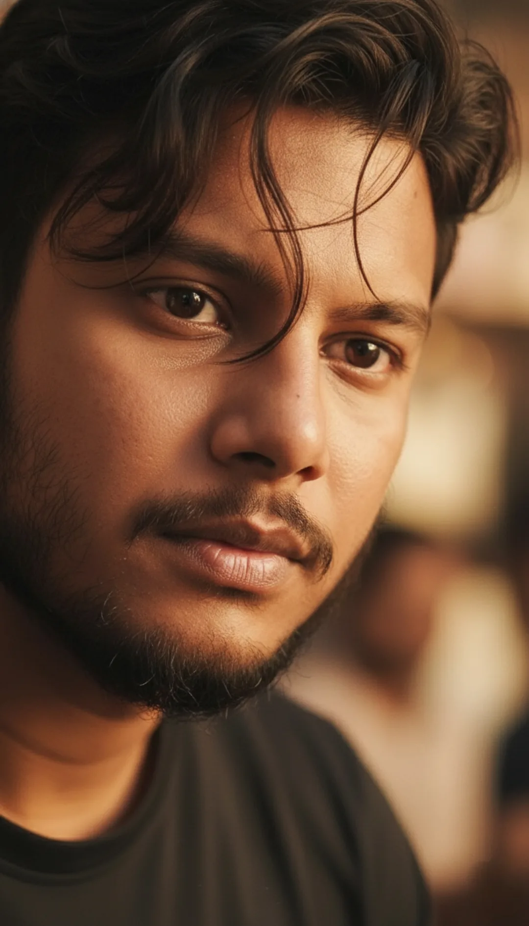 A close-up portrait of a 26-year-old Indian man, 5 feet 5 inches tall, featuring a medium skin tone, expressive dark brown eyes, a trimmed
