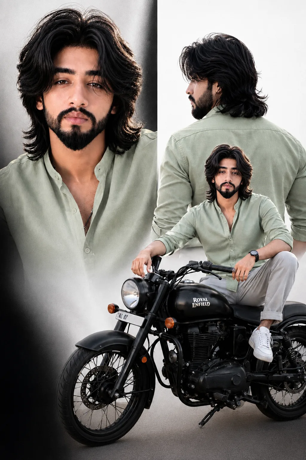 A high-quality, split-panel composite photograph set against a solid studio background.