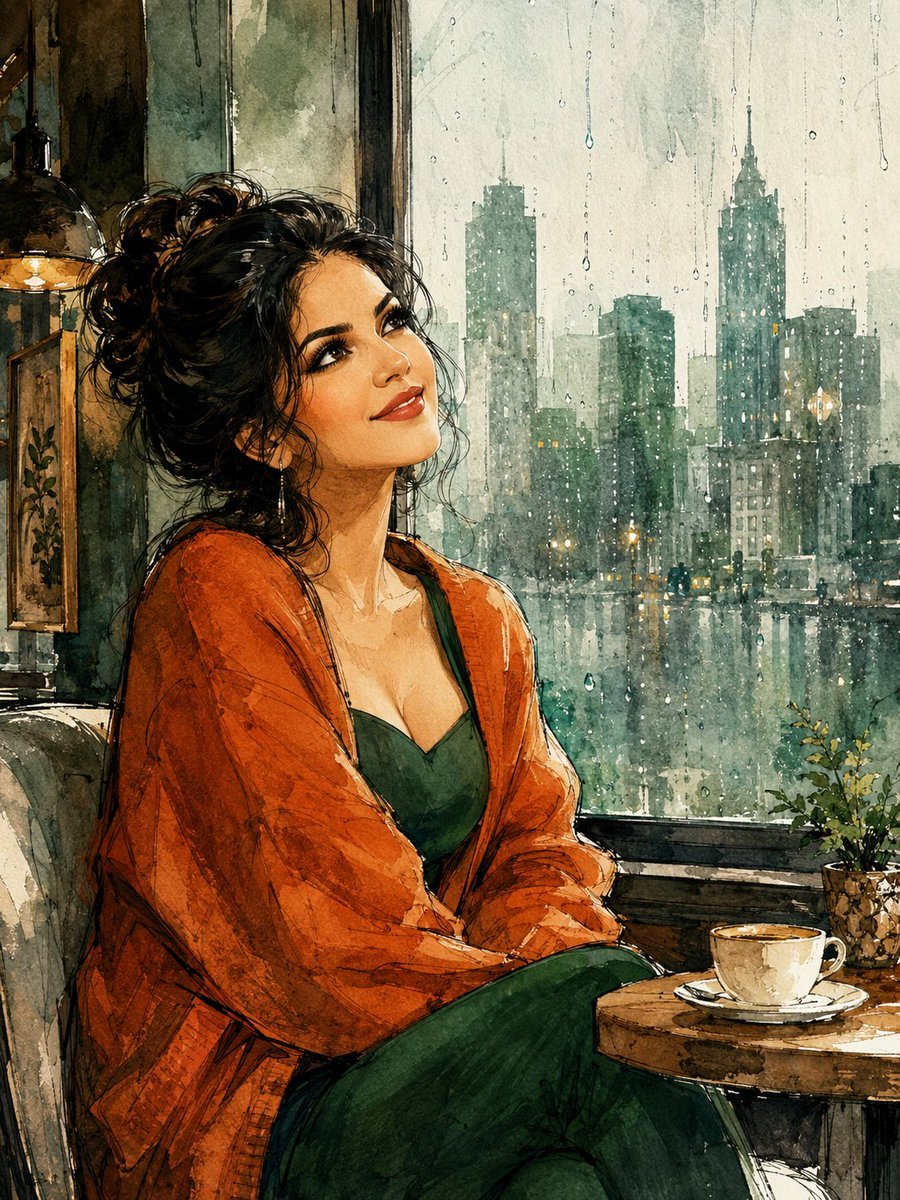 Created with GPT Image 2.0 on ChatGPT Prompt: Beautiful watercolor illustration of a young woman sitting in a cozy café beside a large