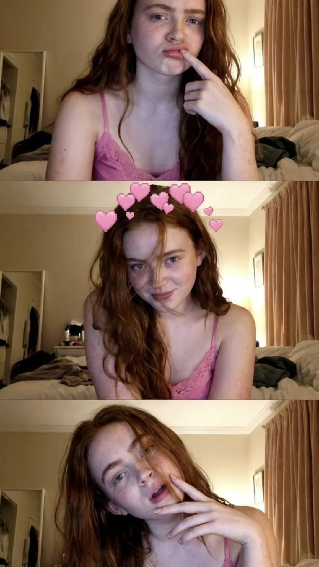 Create a realistic vertical 3-panel photographic collage featuring the same adult woman in a cozy bedroom, with all three panels
