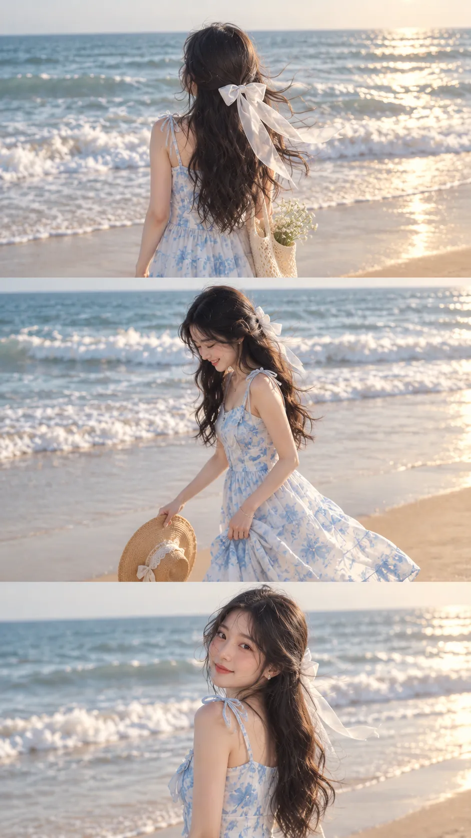 Ultra-realistic cinematic beach photoshoot of a cute East Asian girl standing on a sandy beach near ocean waves during soft golden