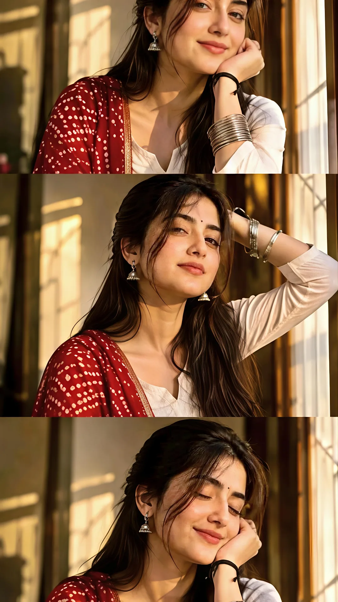 Three-Tier Candid Window-Light Portrait Triptych of Indian Woman